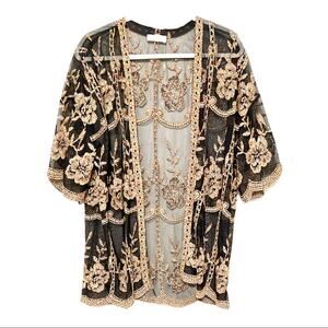Altar’d State Sheer Black Floral Embroidered Rainbow Boho Kimono